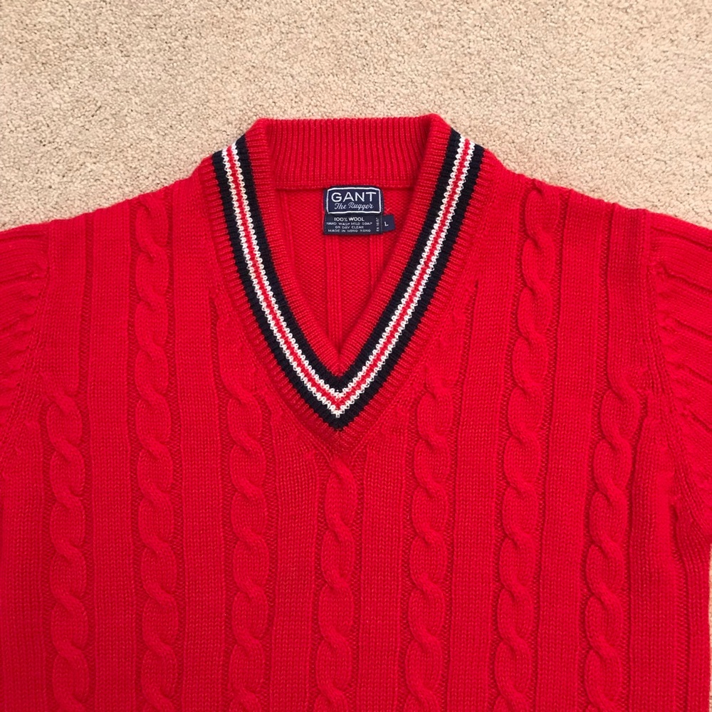 Vintage Gant The Rugger Wool Sweater Mens Large Red Cable Knit V Neck Jumper - Picture 2 of 6
